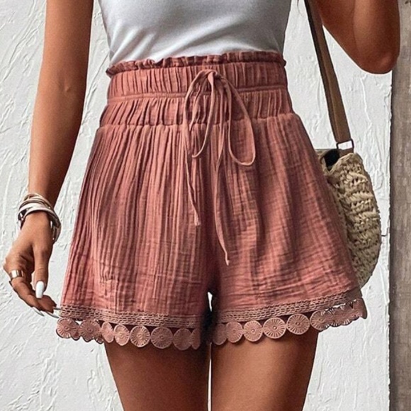 Boho High Waisted Cotton Lace Paper bag Shorts NWoT Sz L - Picture 8 of 8